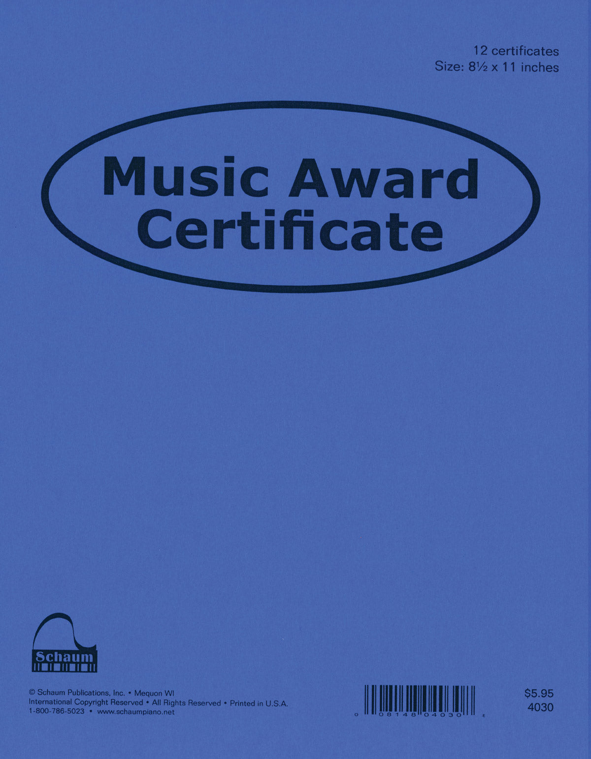 Music Award Certificate (Pack of 12) Cover Image